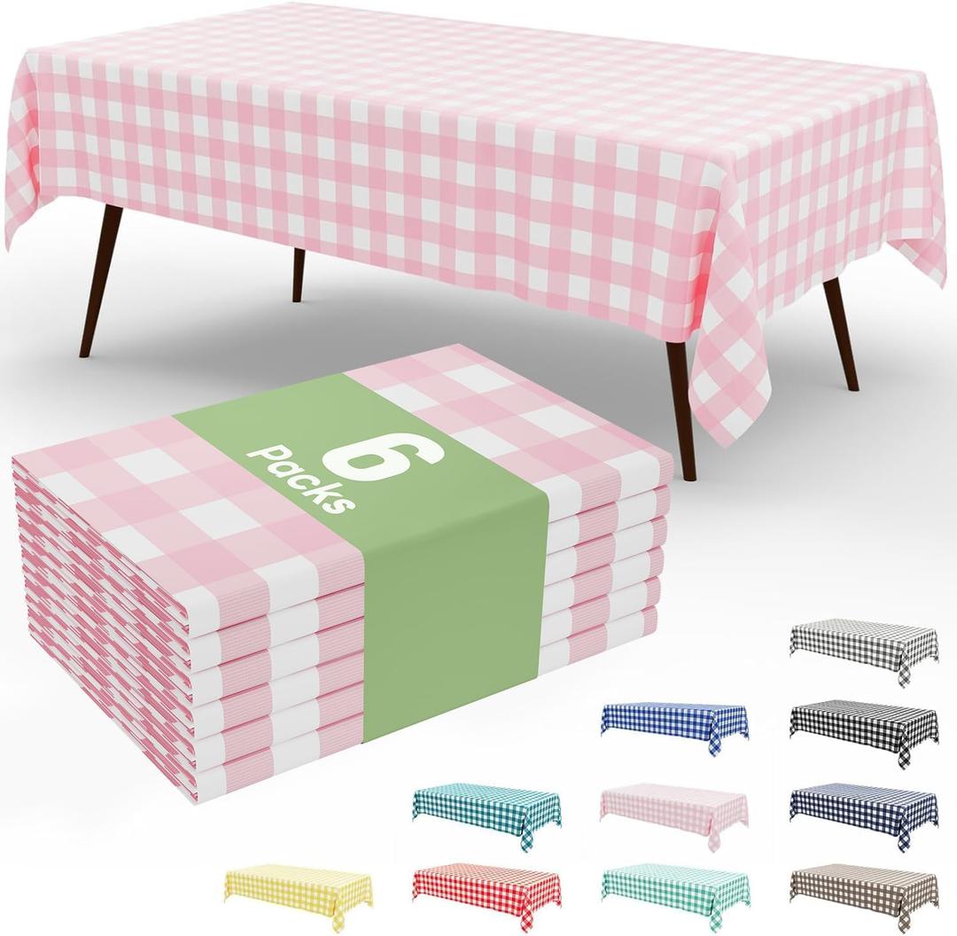 Smiry 6 Pack Pink Gingham Disposable Tablecloths - 54" x 108" Heavy Duty Plastic Table Cloth, Waterproof Buffalo Plaid Table Covers for Picnic, Banquets, Outdoor Parties (Pink and White)