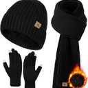 3 PCS Winter Hat Scarf Gloves Set, Soft Warm Knit Beanie Hat Touchscreen Gloves Long Knitted Scarf Set Winter Gifts for Men (Black-1)