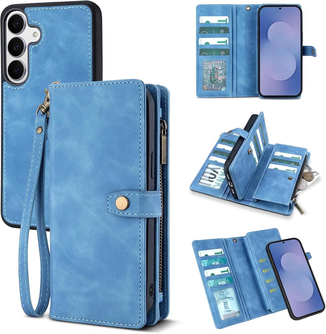 TwoHead Wallet Case Compatible with Samsung Galaxy S25 FE,Detachable Magnetic Phone Case,PU Leather All-Round Protective Cover Wallet,with Card Holder/Change Pocket(6.7 in,Sky Blue)