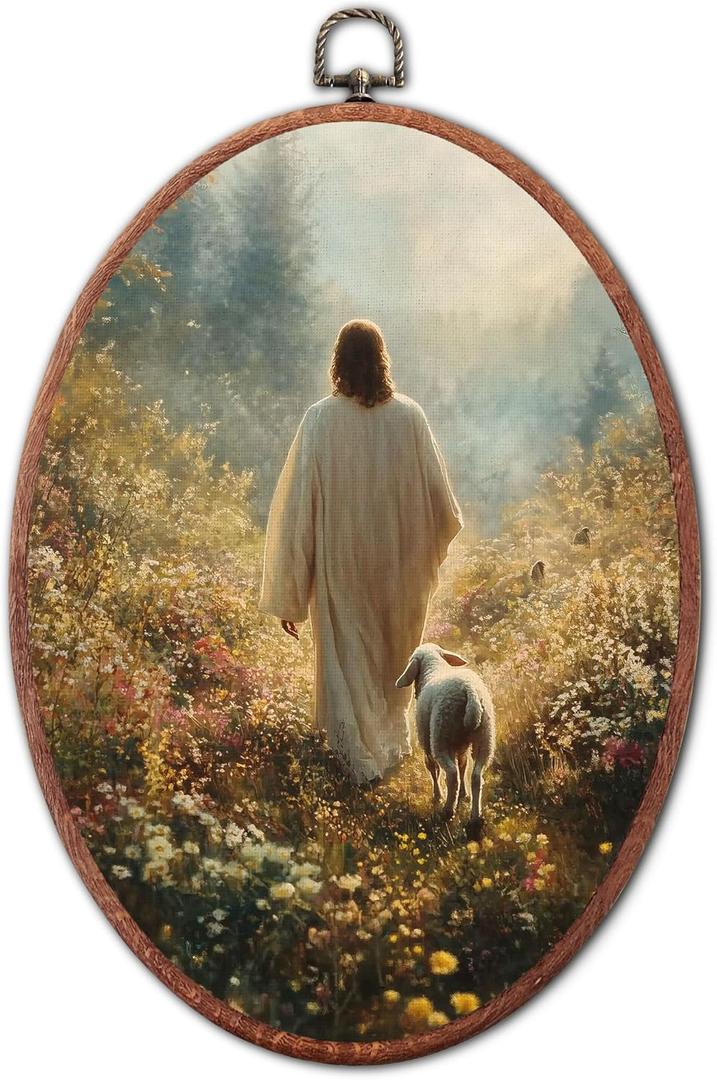 Jinhaichen Vintage Jesus and Lamb Oval Wall Art Framed, Christ Christian Religious Oval Wall Decor, Spiritual Faith Gift Hanging Canvas Prints for Bedroom Living Room Decoration, 8.6x11.4 Inch
