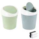 2 Pcs Plastic Mini Wastebasket Trash Can with 120 Trash Bags, Tiny Desktop Waste Garbage Bin with Swing Lid for Home, Office, Kitchen, Vanity Tabletop, Bedroom, Bathroom (Blue + Green)