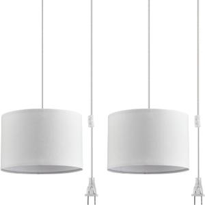 2 Pack Plug in Pendant Light, Hanging Light with 15Ft Clear Cord, On/Off Switch, White Fabric Lamp Shade, Hanging Light Fixture for Bedroom, Kitchen,