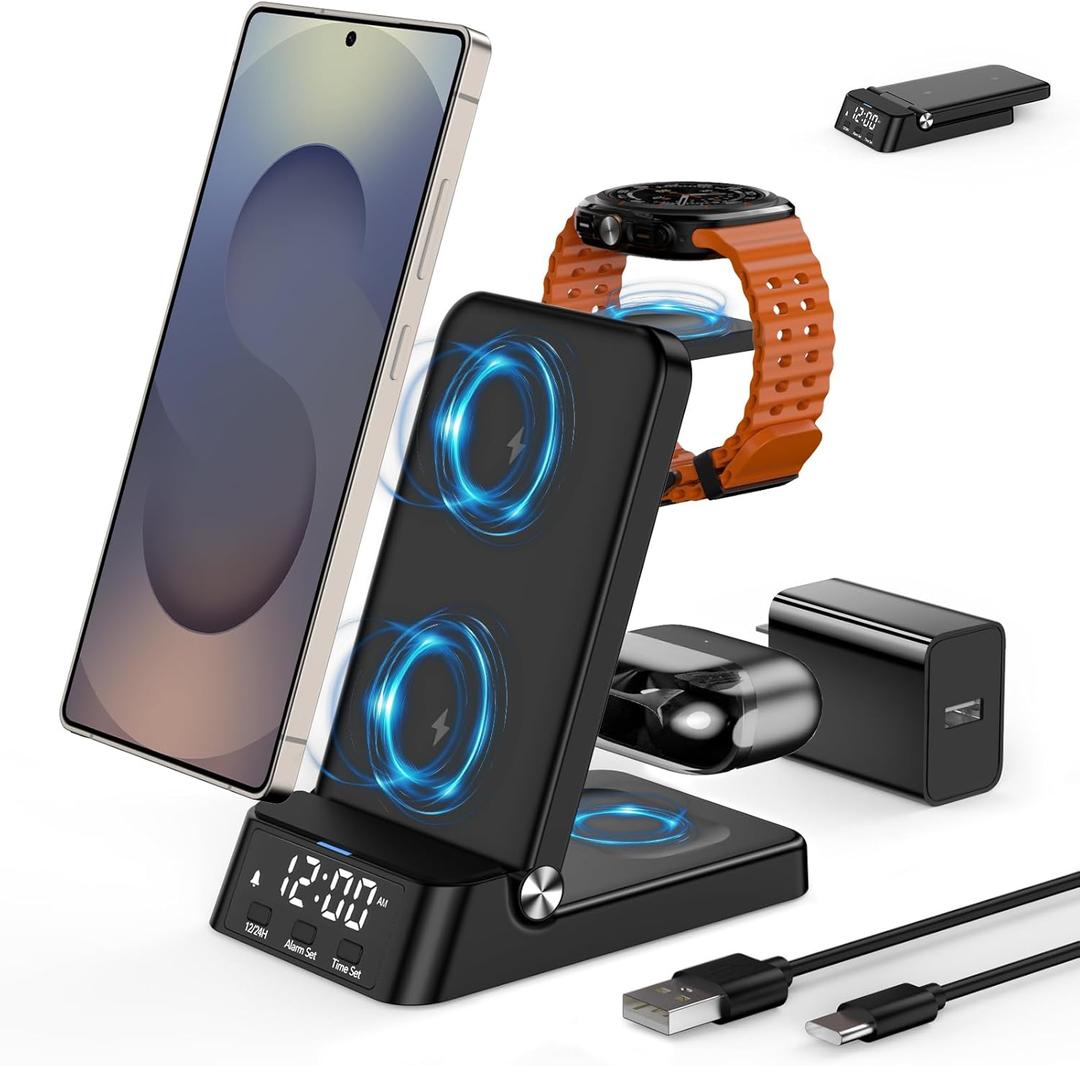 Wireless Charger with Alarm Clock for Samsung,Foldable 4 in 1 Charging Station for Galaxy Watch 8/7/Ultra/Classic/FE/6,Galaxy S25/Edge/Ultra/S24/Z Flip 7/FE/6/5/Z Fold 7/6/5,Galaxy Buds Charger Stand (Black)