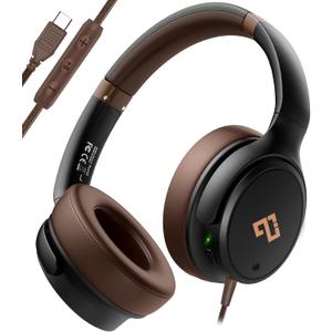 USB C Headphones Wired Headphones Over Ear with HD Mic, Foldable Active Noise-Canceling Headphone for iPad/Sports/School/Travel/iPhone 17/16/15, Samsung S25/S24, Google Pixel 9,Ideal Gifts-Brown