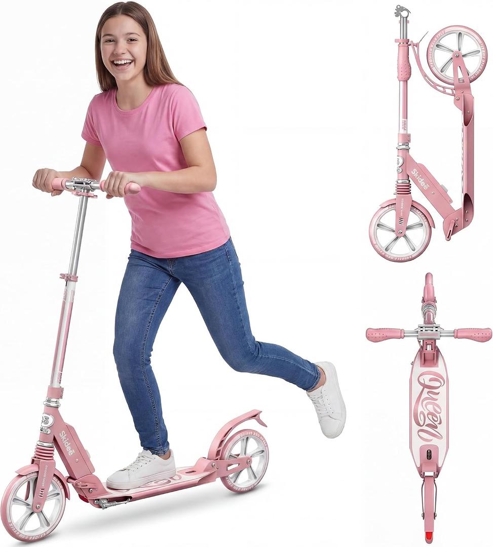 Skidee Adult & Teen Scooter Adjustable Height, Folding, Large Wheels, Lightweight, Durable, Anti-Shock Suspension, Up to 220 lbs, Color: Queen