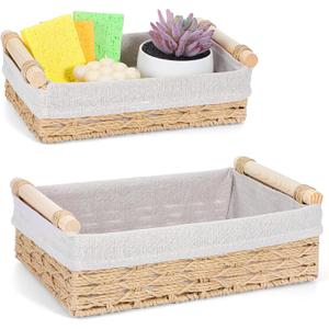 2Pcs Toilet Storage Basket for Organizing, Large Wicker Bathroom Baskets with Wooden Handles & Liner, Square Organizer Basket for Bathroom Shelves Cupboards Drawer
