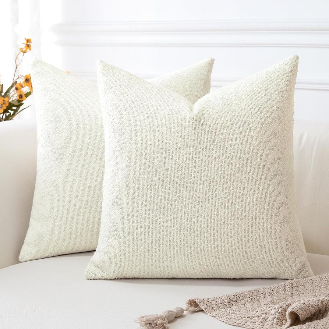 OTOSTAR Pack of 2 Textured Boucle Throw Pillow Covers Square Pillow Cases Cozy Soft Decorative Couch Cushion Case for Chair Sofa Bedroom Living Room Home Decor 24 x 24 Inch, Cream White