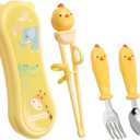 Toddler Utensils Stainless Steel Kids Silverware Set with Kids Spoons and Forks Set and Kids Chopsticks for Self Feeding Learning with Portable Case (Yellow)