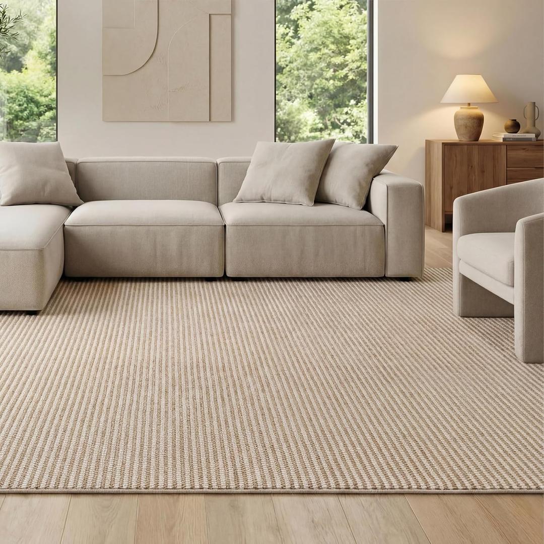 Bedsure 8x10 Faux Wool Area Rugs for Living Room, Machine Washable Carpet, Non-Slip Backing, Pet Friendly Throw Rug for Bedroom Dining Room, Natural Ivory