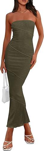 PRETTYGARDEN Women's Summer Bodycon Maxi Tube Dress Ribbed Strapless Side Slit Long Going Out Casual Elegant Party Dresses Army Green S