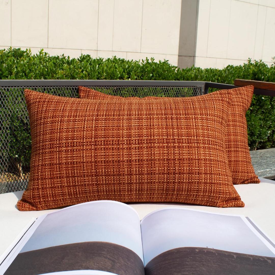Kevin Textile Fall Pack of 2 Decorative Outdoor Waterproof Pillow Covers Garden Cushion Sham Throw Pillowcase Shell for Patio Tent Couch 12x20 Inch Burnt Orange