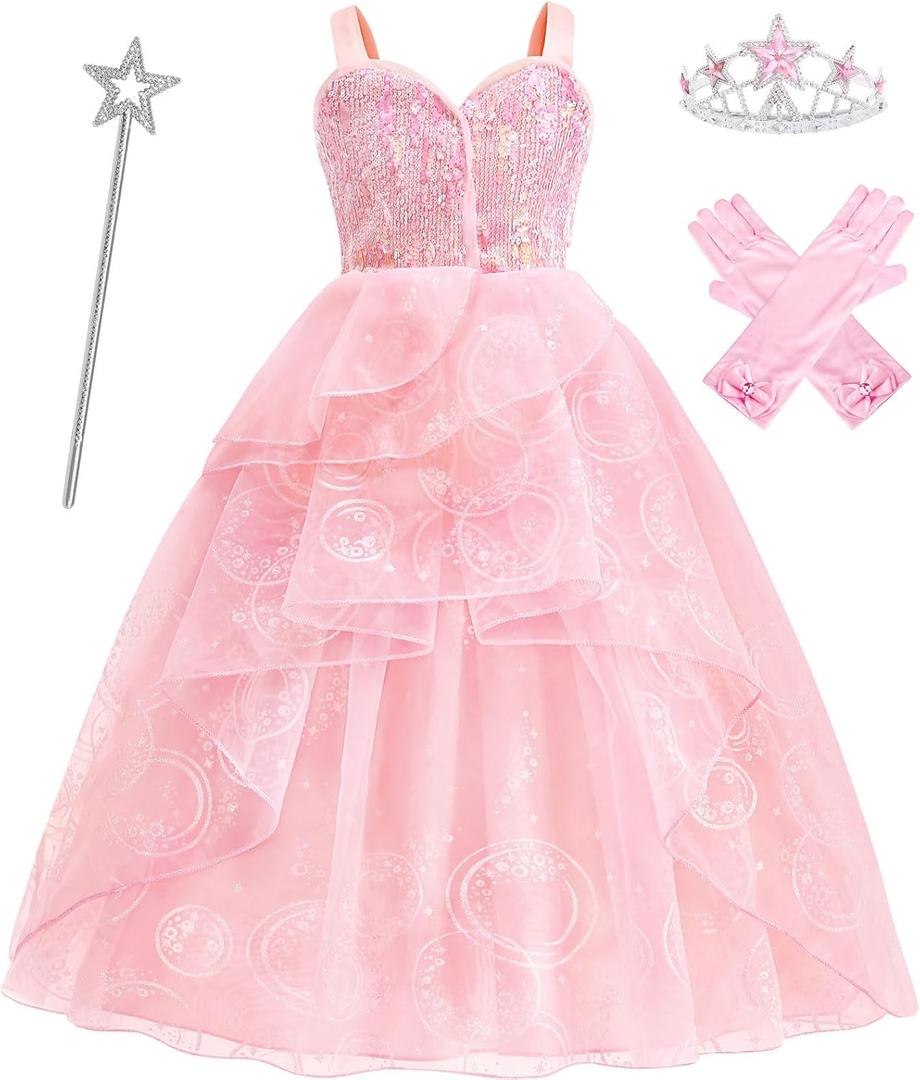 Pink Witch Costume for Girls with Crown Wand Gloves,Halloween Costume for Kids Girls Good Witches Princess Dress Up (Pink, 160)