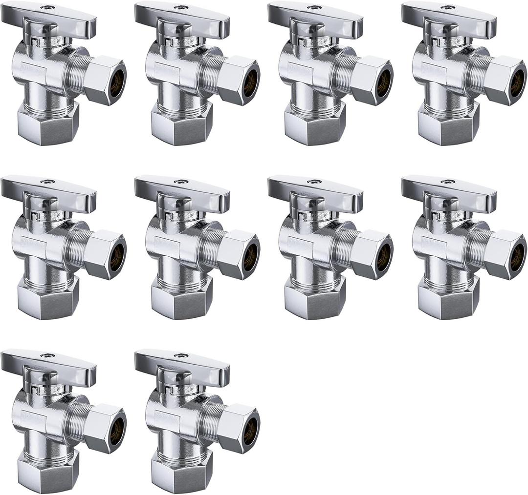 PURAGEIR 10 Pack Angle Stop Valve, 1/ 2" Nominal Comp (5/ 8"OD Comp, Fits 1/ 2" Copper Pipe) X 3/ 8'' OD Compression Quater Turn Elbow Valve, 5/ 8 Inches OD X 3/ 8 Inches OD Shut Off Valve, Chrome