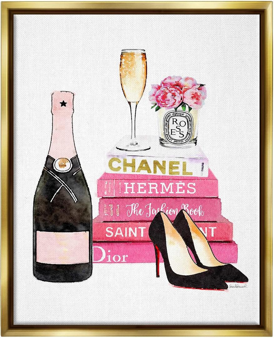 Stupell Industries Glam Pink Fashion Book Champagne Hells and Flowers, Design by Amanda Greenwood (1.5L" x 1.5W", Gold Floater Framed)