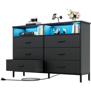 Black Dresser for Bedroom, 6 Drawer Dresser, Fabric Vertical Storage Tower with Fabric Bins with Open Shelves LED Light and Charging Station, Chest of Drawers for Closet Chests Organizer, Living Room