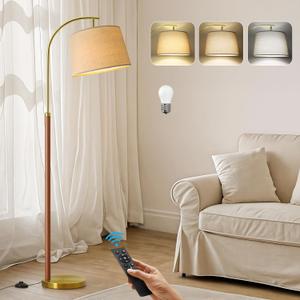 62.5" Gold Floor Lamp for Living Room Dimmable Standing Lamp with Remote & Foot Switch, 3 Color Temperatures Arc Tall Lamp Wood Mid Century Modern Floor Lamps for Bedroom Office, 9W Bulb Included