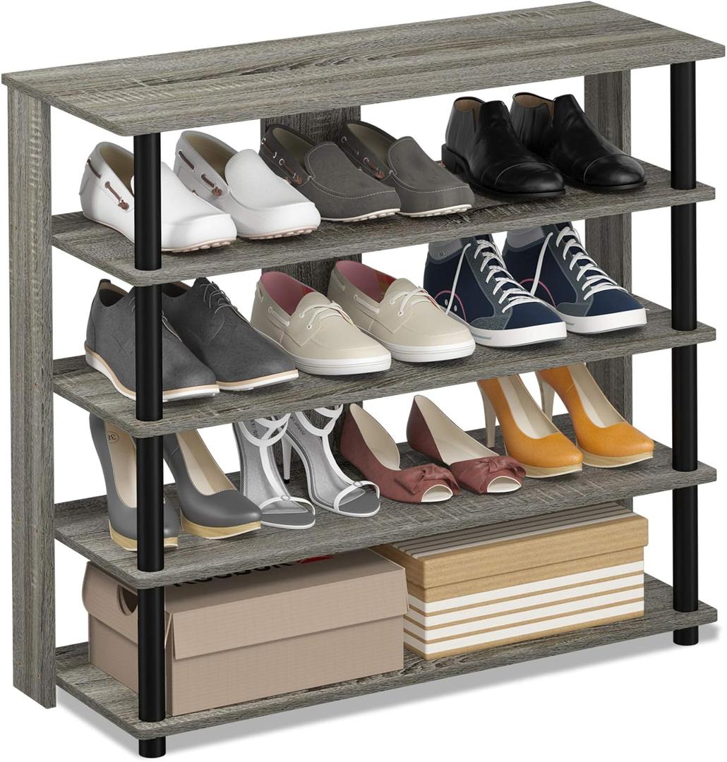 Furinno Turn-N-Tube 5 Tier Wide Shoe Rack, French Oak Grey/Black , 32 Inch