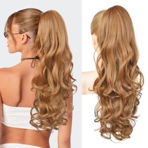 REECHO Ponytail Extension, 24" Claw Clip in Long Curly Wavy Ponytail Hair Extension Jaw Clip on Pony Tails Hairpiece for Women - Strawberry Blonde