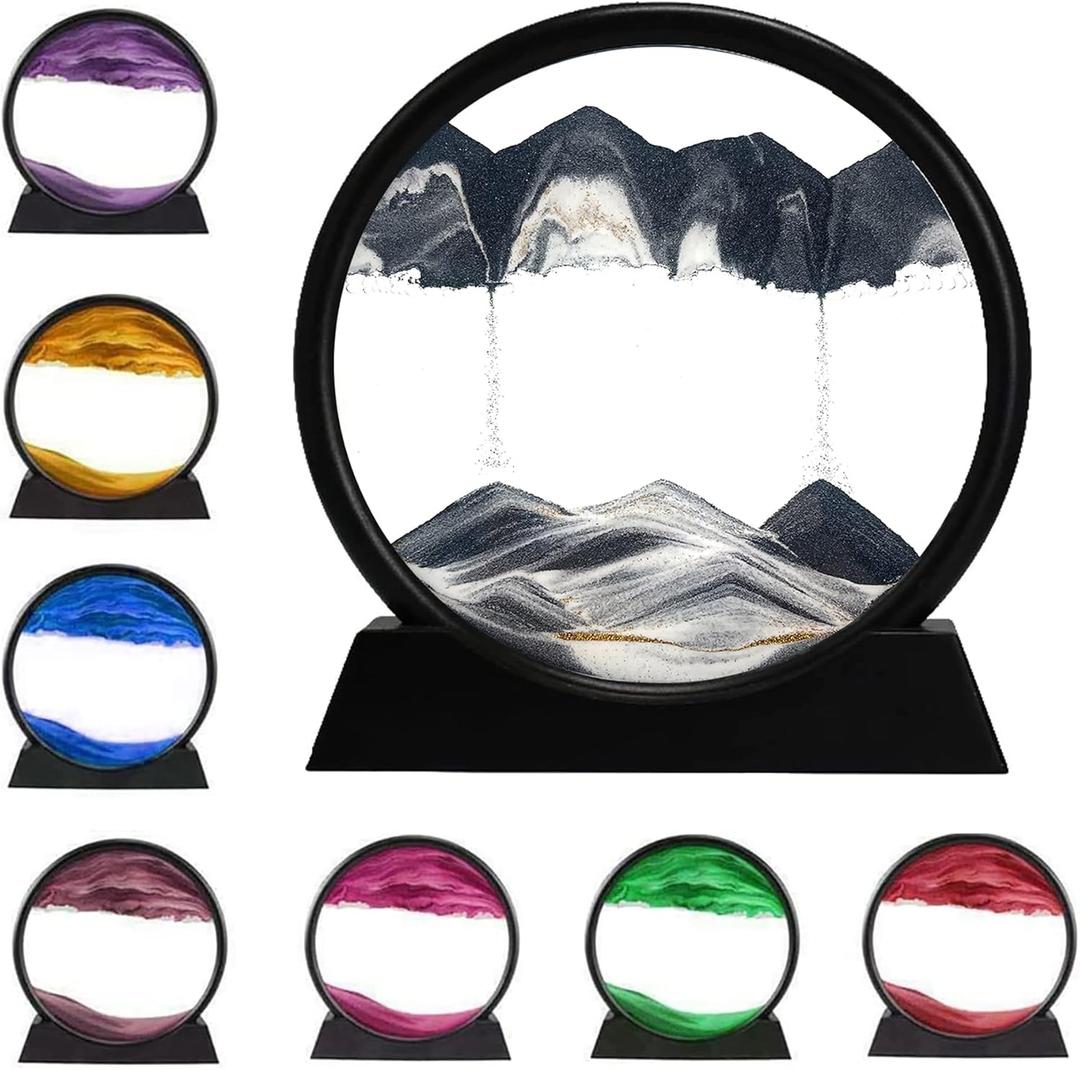 rysnwsu 3D Dynamic Sand Art Liquid Motion, Moving Sand Art Picture Round Glass 3D Deep Sea Sandscape in Motion Display Flowing Sand Painting Relaxing Desk Toys (Black, 7'')