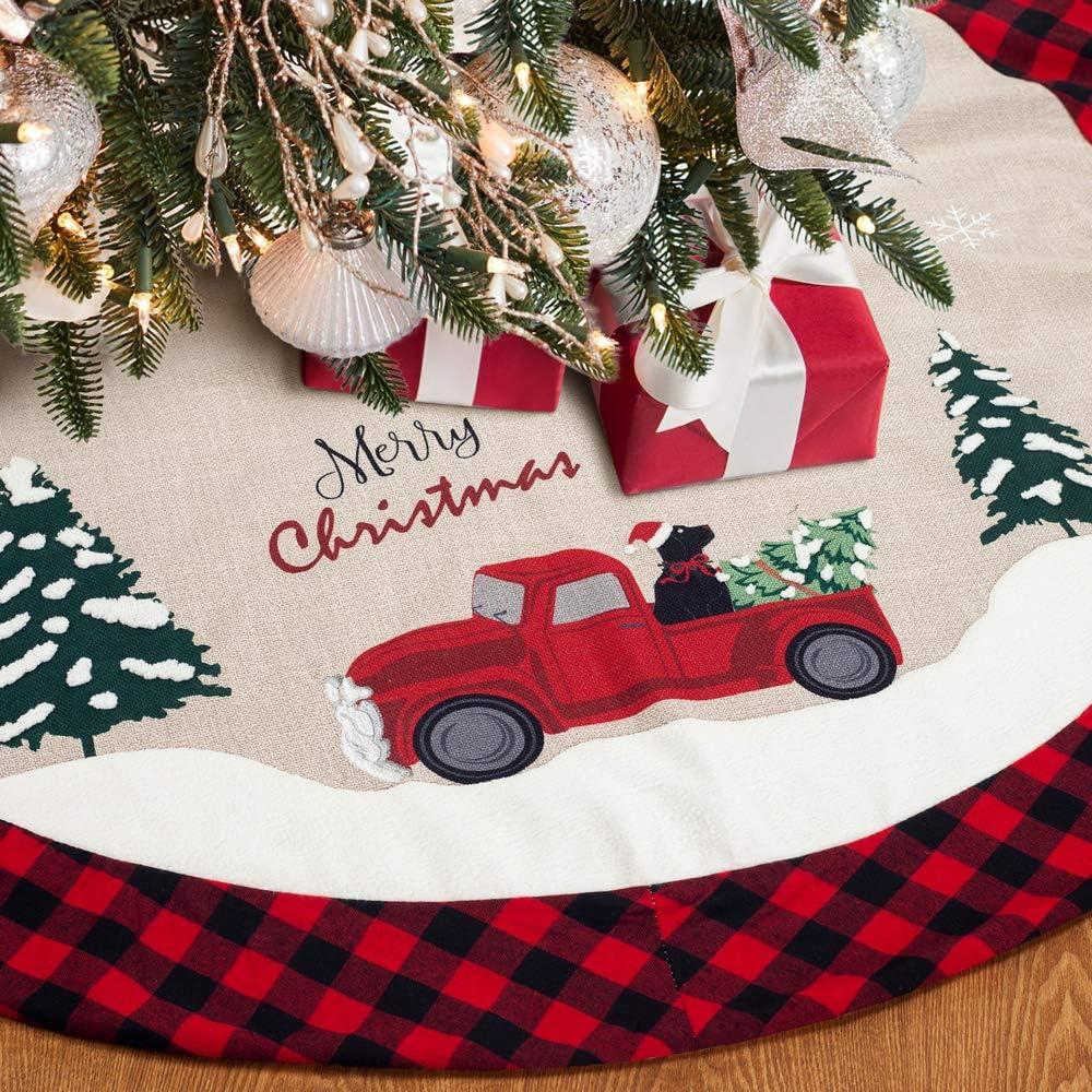XAMSHOR 32 Inches Burlap Christmas Tree Skirt with Red and Black Plaid Border Embroidered Tree Skirt Decor for Xmas Decorations