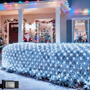 Cool White Net Lights, 360 LED Outdoor Christmas Net Mesh Lights for Bushes 21x5 ft, 8 Modes Waterproof Twinkle String Lights Connectable for Christmas Hedge Yard Garden Party Decor