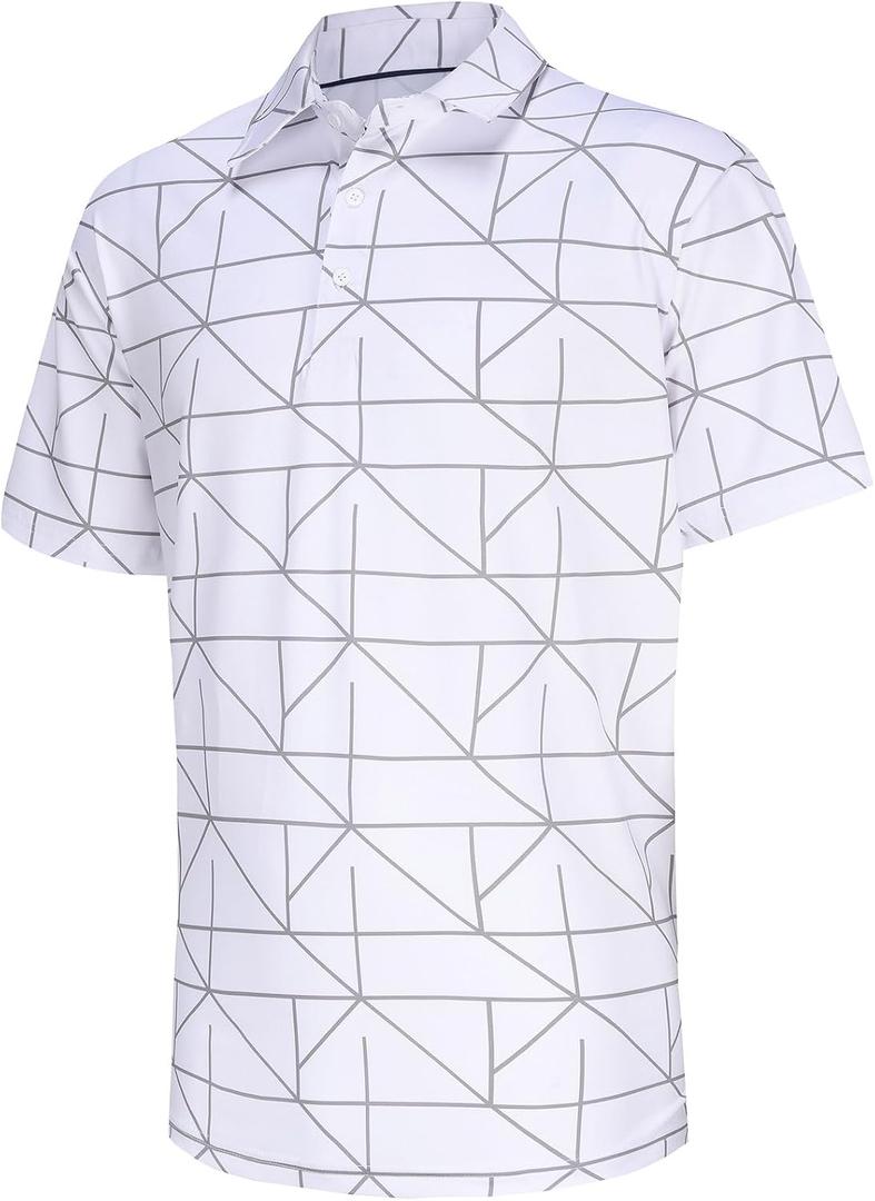 Mens Golf Shirt Short Sleeve Dry Fit Moisture Wicking Performance Collared Funny Print Golf Polo Shirts for Men (Small, White Line)