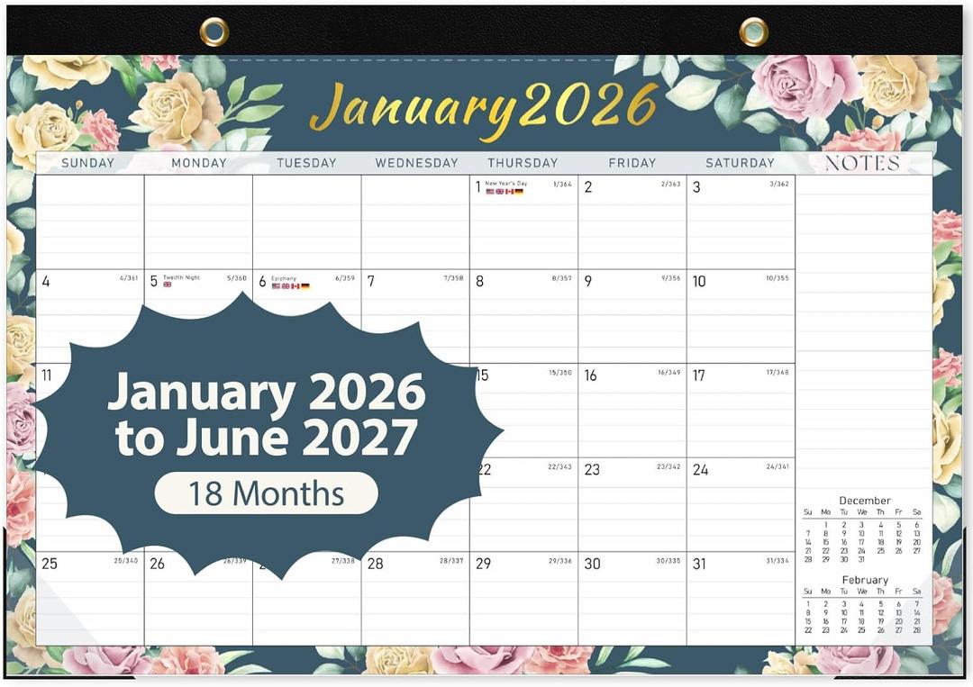 4 x Desk Calendar 2026, Monthly Desktop Large Calendar (Jan 2026 - Jun 2027) 17" x 12" Desk Wall Planner for Family Teacher School Office Supplies, Vintage Floral
