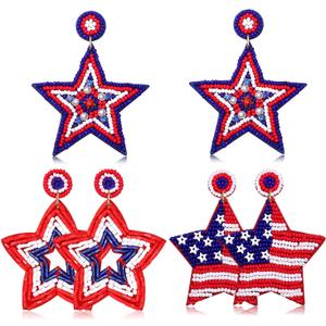 4th of July Earrings, Beaded American Flag Patriotic Earrings for Women, Handmade Letter USA Star Heart Dangle Earrings American Independence Day 4th of July Accessories