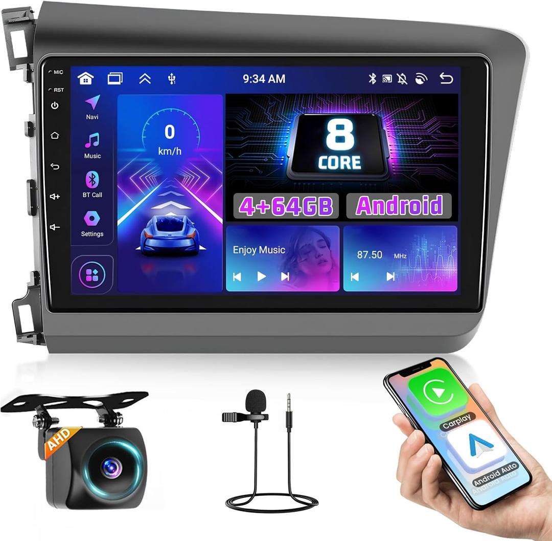 8 Core 4+64 GB for Honda Civic 2012-2015 Android 15 Car Stereo Wireless Carplay Android Auto, 9'' Touchscreen Car Radio with GPS, WiFi, 32EQ DSP, 59UI, Bluetooth, FM RDS, Backup Camera