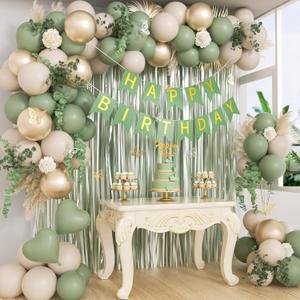 Sage Green Birthday Decorations with Gold Nude Sage Green Balloons Happy Birthday Banner Fringe Curtain Gold Cake Topper for Happy Birthday Decorations for Women Adults