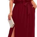 Plus Size Off The Shoulder Maxi Long Casual Beach Dress Pockets Women (Burgundy)