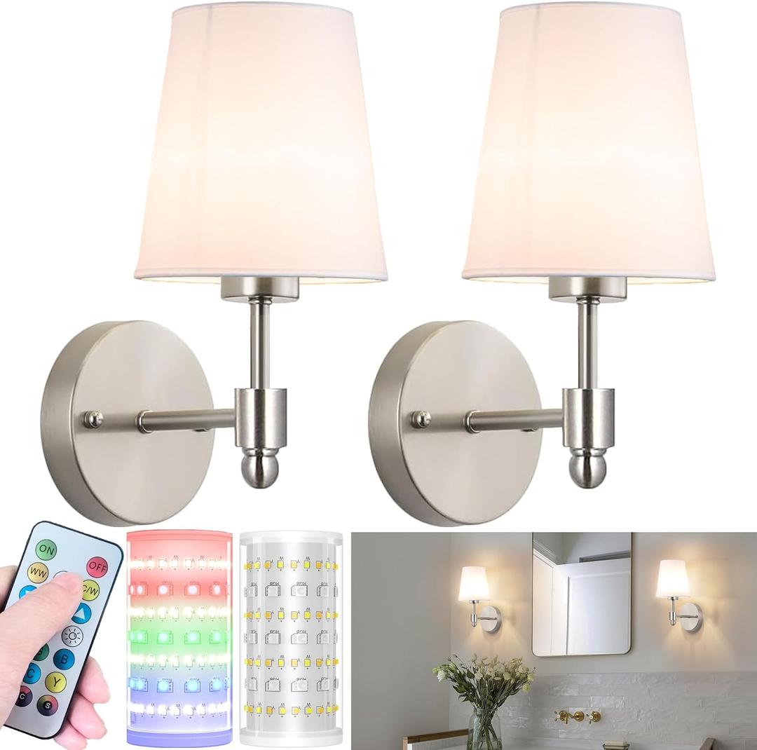 Battery Operated Wall Sconces Set Of 2, Wireless Battery Wall Light With 10000mAh RGB Rechargeable Magnetic Bulb, Rechargeable Wall Sconce With Remote Control For Bedroom, No Electrician Required (Nickel)