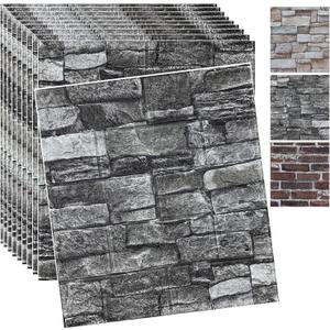 20PCS 3D Wall Panels Peel and Stick 3D Brick Wallpaper Peel and Stick Faux Stone Wall Panel Foam Brick Self-Adhesive Wallpaper (Black 20pcs)