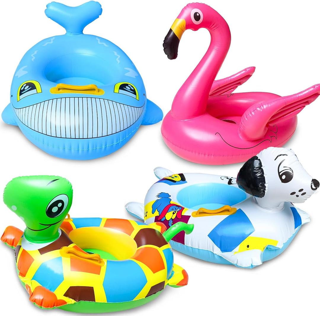 4 Pack Inflatable Pool Floats for Toddler Age 3-7 Animal Swim Tube Rings for Kids Infant Baby Ride on Beach Floaties with Safety Seat&Handle for Summer Lake Pool (Flamingo, Turtle, Whale, Dalmatian)