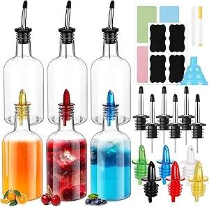 Maxcheck 6 Set 16 oz Plastic Long Neck Bottles with Rainbow Pourer and Caps Plastic Juice Pour Bottles with Stainless Steel Pourer Tapered Spout Syrup Pourers for Liquor Juice Store