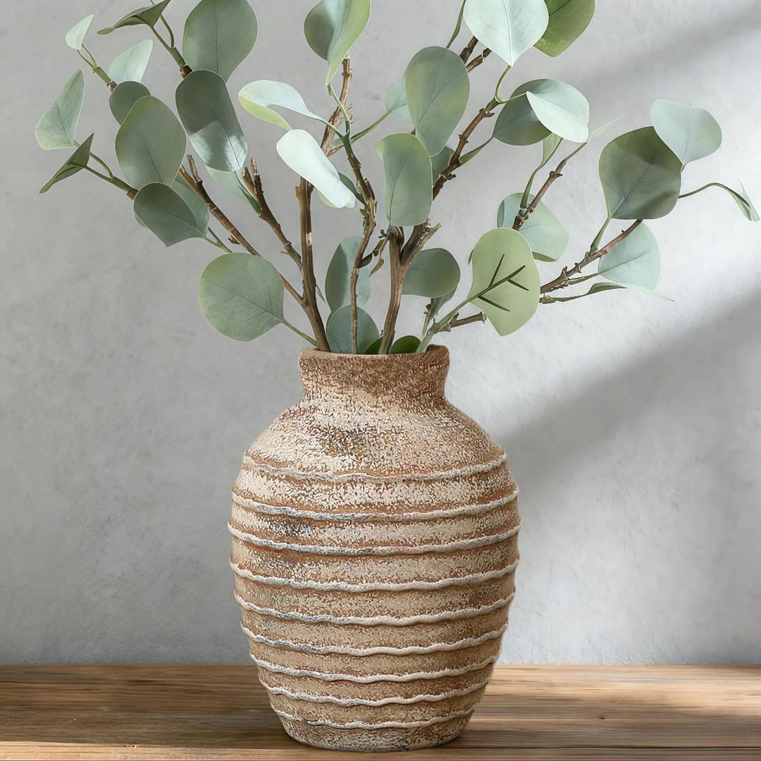 Ceramic Flower Vase, 6.7 inch Farmhouse Rustic Vintage Vases for Home Decor Table Living Room Entryway Book Shelf Fireplace Centerpiece (Rust)