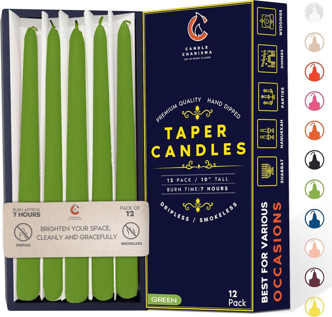 Natural Green 10 Inch Taper Candles - Pack of 12 Premium Unscented, Dripless & Smokeless Hand-Dipped Candles for Birthday, Wedding or Dinner Decorations and Formal Candlelighting