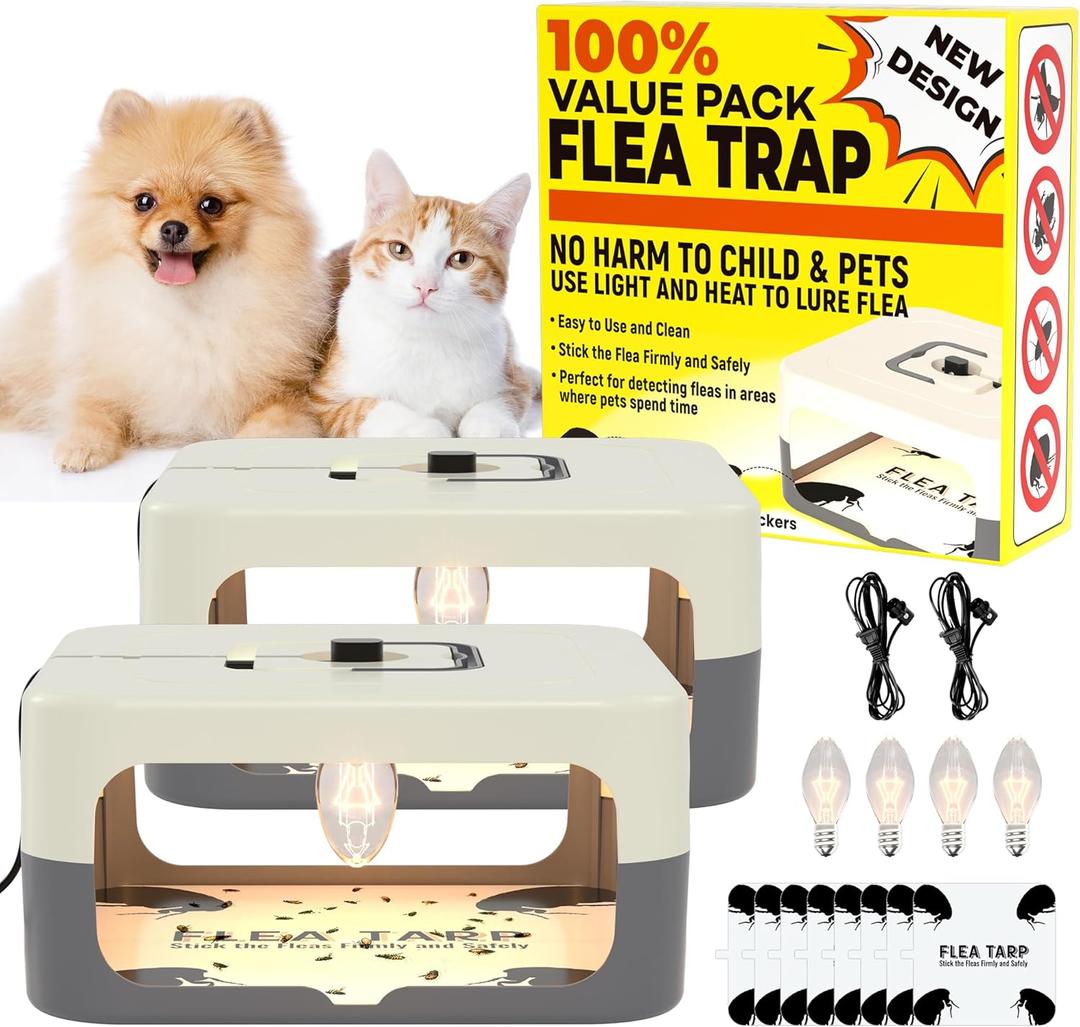 2 Pack Flea Traps for Inside Your Home, Flea Light Traps for Home Indoor with 4 Bulbs and 8 Sticky Discs, Bed Bug Trap Safe to Pets and Kids (White Grey)