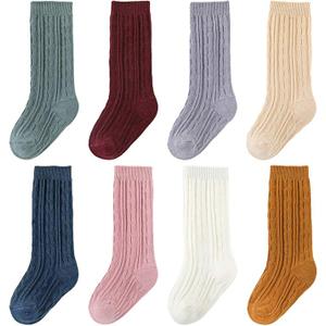 Zumou Knee High Socks 8 Pairs Girls Cable Knit Cotton Stockings Assorted Pack, One Size 