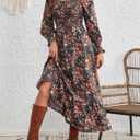 LIGHT DOT Women's Square Neck Casual Floral Dress Long Sleeve Printed Maxi Fall Dress Smocked Flowy (Orange Green,S)