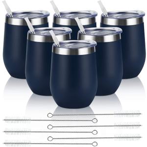6 Pack Stainless Steel Wine Tumblers, 12Oz Insulated Wine Tumbler, Double Wall Insulated Wine Glass, Stainless Steel Stemless Wine Cups with Lids for Coffee, Wine, Cocktails, Champaign, Navy Blue