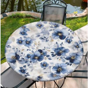 Round Tablecloth with Elastic Edge, 36-60Inch Waterproof Table Cloth for Dinner, Outdoor, Picnic, 60inch, Blue Flowers