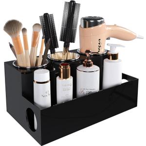 Hair Tool Organizer, Black Acrylic Hair Dryer Holder with 3 Cups, Bathroom Supplies Countertop Blow Dryer Holder, Vanity Caddy Storage Stand for Accessories, Makeup, Toiletries