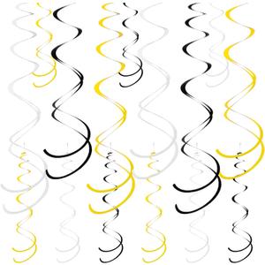 Colorful Ceiling Swirl Foil Decorations Hanging Plastic Streamer Themed Swirl Party for Halloween Graduation Celebration, Pack of 28 (Gold, Black and Sliver)