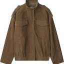 FindThy Womens Suede Leather Jacket Vintage High Collar Long Sleeve Zip Up Oversized Outerwear Coat with Pockets (Medium, Brown)