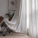 Boho Curtains for Bedroom Embroidery Striped Farmhouse 84 Inches Long 2 Pannels Set White Linen Light Filtering for Living Room Rod Pocket Drapes(52" W x 84" L,White)