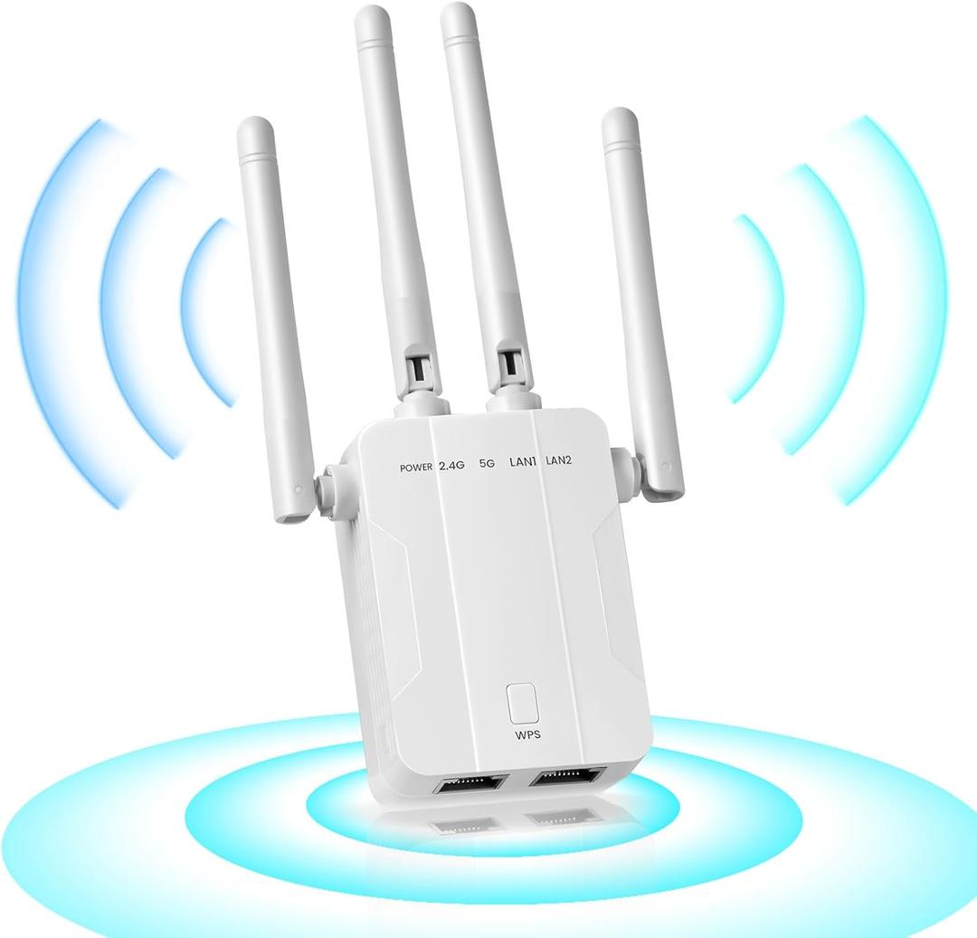 Faber-Castell 2024 New WiFi Extender, 1200Mbps Dual Band (Up to 10000 sq.ft for 55+ Devices), 4 Antennas 360 Full Coverage, 1-Tap Setup & Ethernet Port