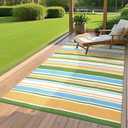 GarveeHome 9x12 Outdoor Rug Modern Geometric Reversible Plastic Straw Outdoor Rugs Colorful Striped Indoor Outdoor Carpet UV Resistant Stain Large Rug for Balcony Deck Beach, Yellow Blue Green White