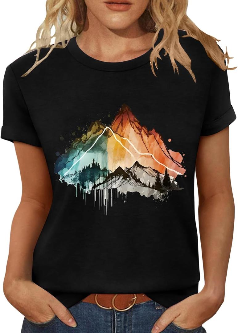T Shirts for Women Crewneck Boho Flowers Wildflowers Graphic Tees 2025 Summer Cute Shirts Short Sleeve Tops (X-Large)