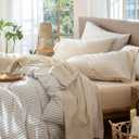 MooMee Bedding Sheet Set 100% Washed Cotton Linen Like Textured Breathable Durable Soft Comfy (Heathered Almond Milk Grey, King)